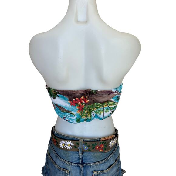 Hawaiian Cropped Bandeau XXS -SMALL Tropical One a Kind Upcycled PomPom - Picture 3 of 5
